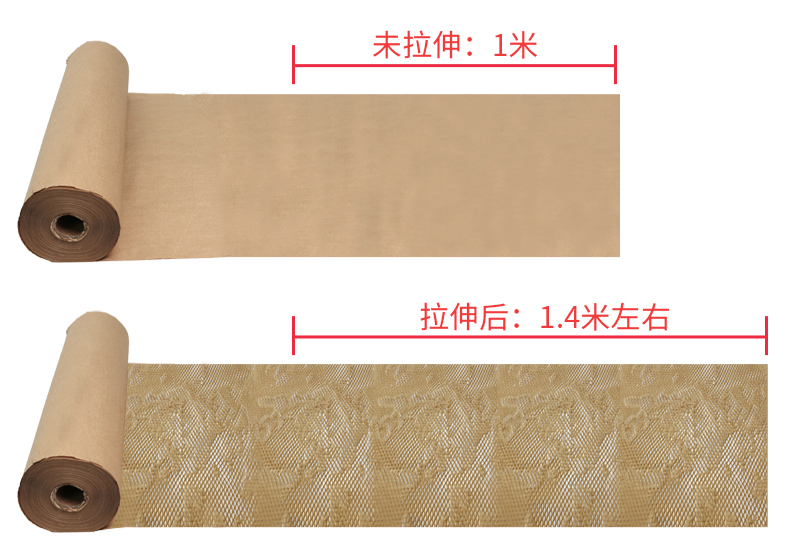 特殊设计·节约成本  蜂巢纸通过特殊裁切设计，1米长的纸拉伸后可达1.4米左右，实现用更少材料也能起到好的保护作用，并且节约成本。